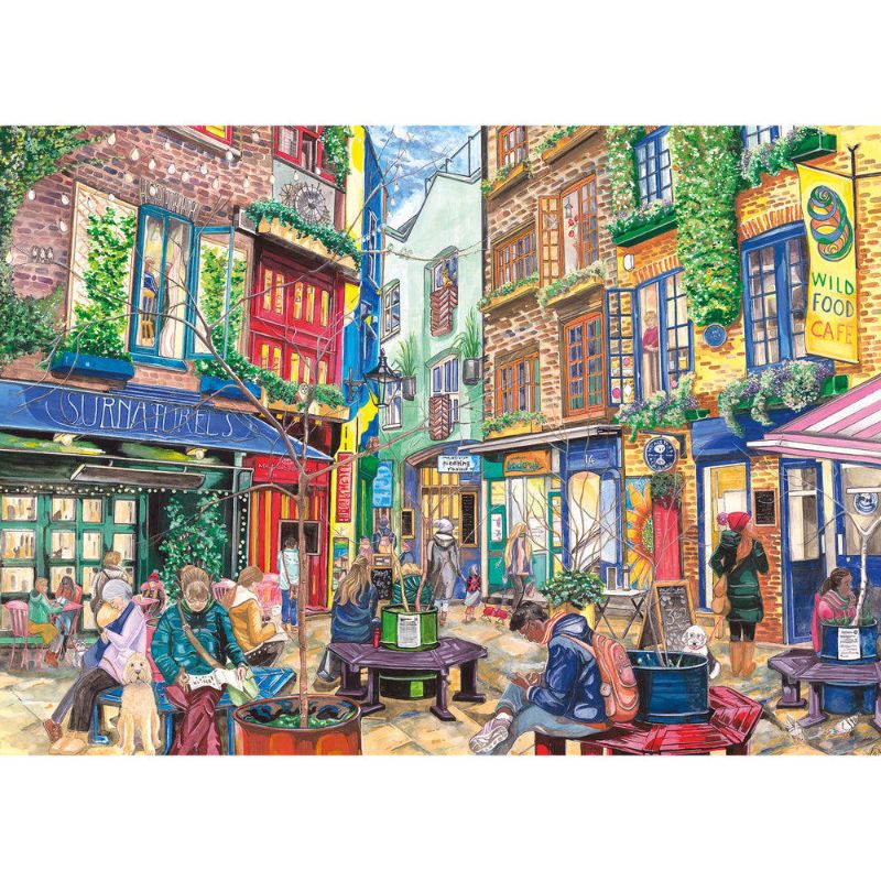 1000-piece jigsaw puzzle of Neal's Yard in Covent Garden, illustrating vibrant cafes and shops, by Elizabeth Blustin.