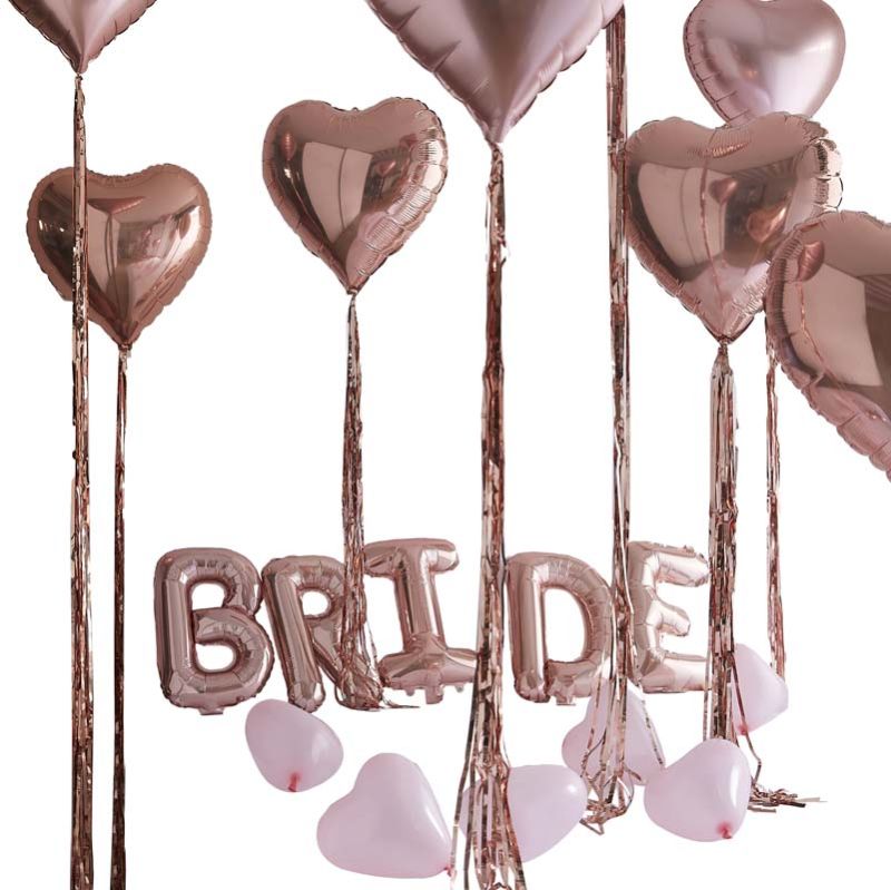 Rose gold bride balloon kit with heart balloons for hen party decorations and celebration setup.