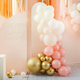 Peach and gold balloon arch kit featuring 75 balloons, perfect for weddings, parties, and special occasions.