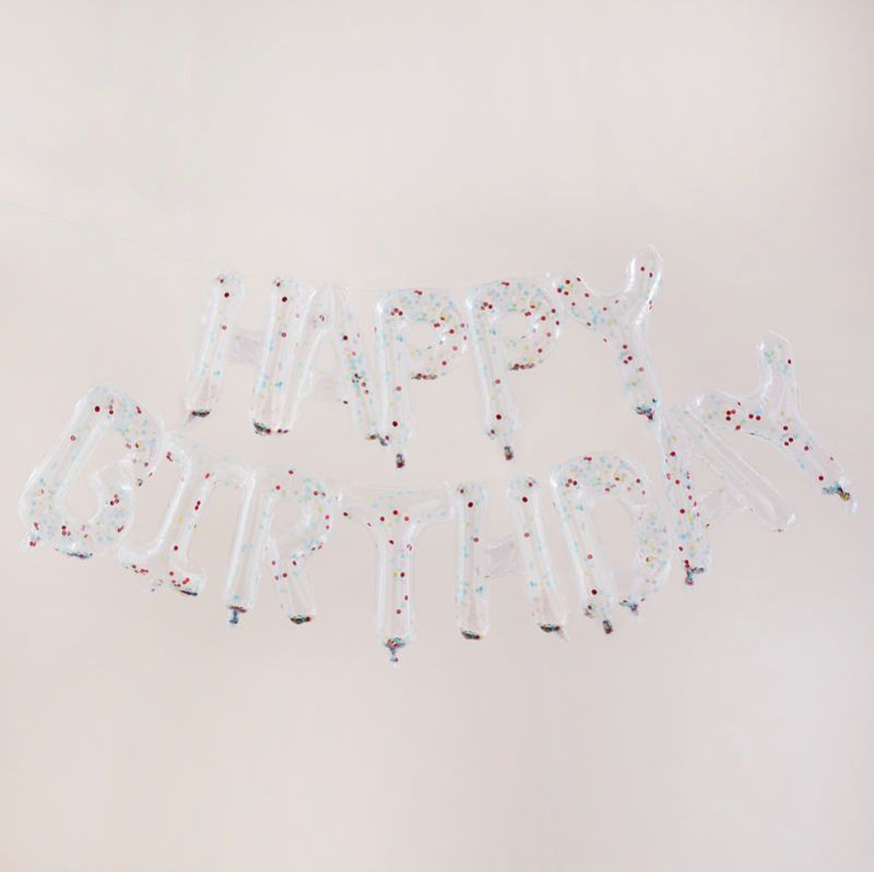 Vibrant rainbow confetti birthday balloon bunting spelling 'Happy Birthday', easy to inflate, perfect for festive celebrations.