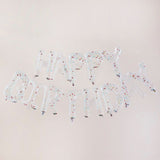 Vibrant rainbow confetti birthday balloon bunting spelling 'Happy Birthday', easy to inflate, perfect for festive celebrations.