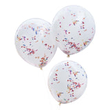 Double layered white balloons with vibrant rainbow confetti, ideal for decorating parties and events.