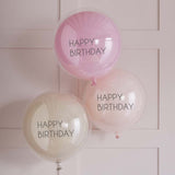 Pink double layered Happy Birthday balloon bundle with elegant pastel shades for festive celebrations.