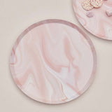 Elegant pink marble print paper plates, 25cm, eco-friendly, perfect for stylish parties and celebrations.