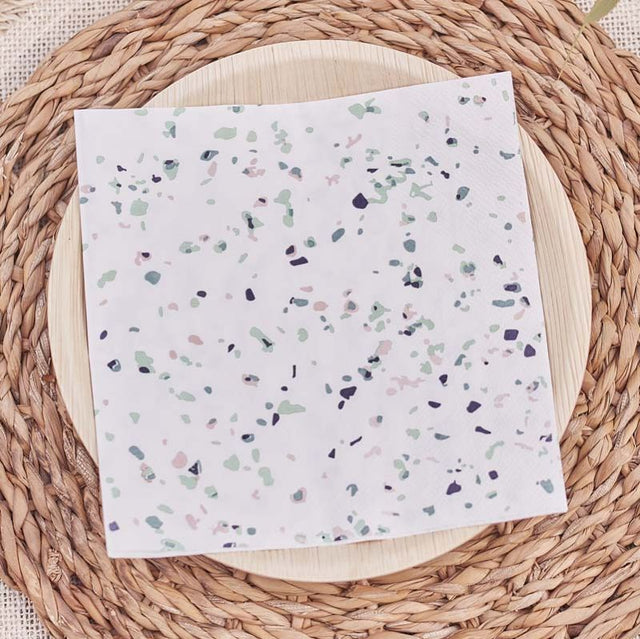 Stylish terrazzo print paper napkins, eco-friendly, pack of 16, perfect for celebrations and modern table settings.