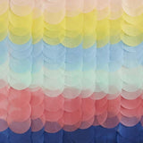 Vibrant rainbow tissue paper disc backdrop, 200cm x 200cm, ideal for parties and photo booths, made from recyclable materials.