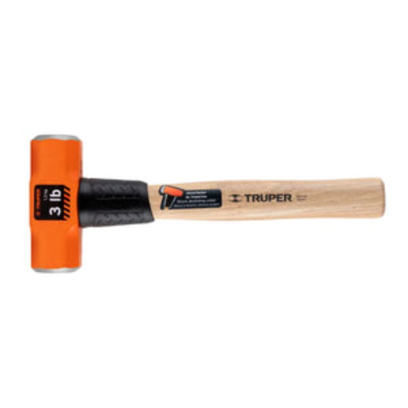 Truper 3lb club hammer with wooden handle, forged steel head, ideal for driving chisels and heavy-duty tasks.