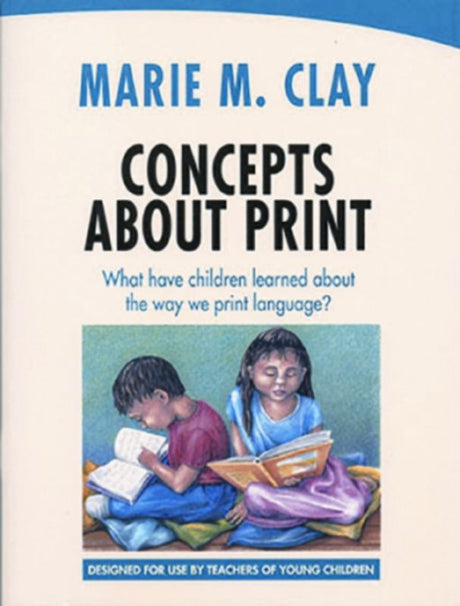 Teacher's guide on print concepts by Marie Clay, featuring task sheets for literacy assessment and development.