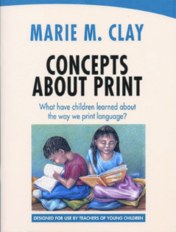 Teacher's guide on print concepts by Marie Clay, featuring task sheets for literacy assessment and development.