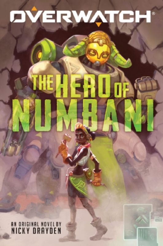 Paperback book 'The Hero of Numbani' features Efi Oladele's journey in a harmonious, tech-savvy city facing a terrorist threat.