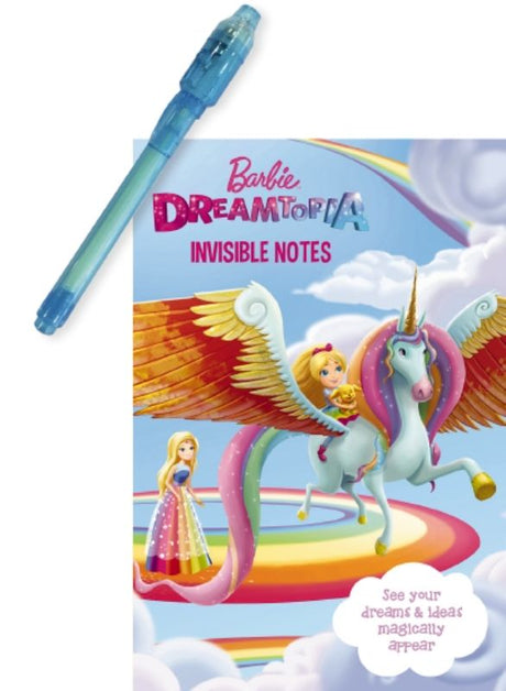 Hardback book featuring Barbie, complete with invisible ink pen and UV light for creative writing and drawing adventures.