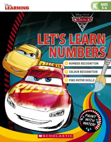 Colorful scene from Disney's Cars 3 learning book, featuring characters empowering kids to learn numbers through painting.