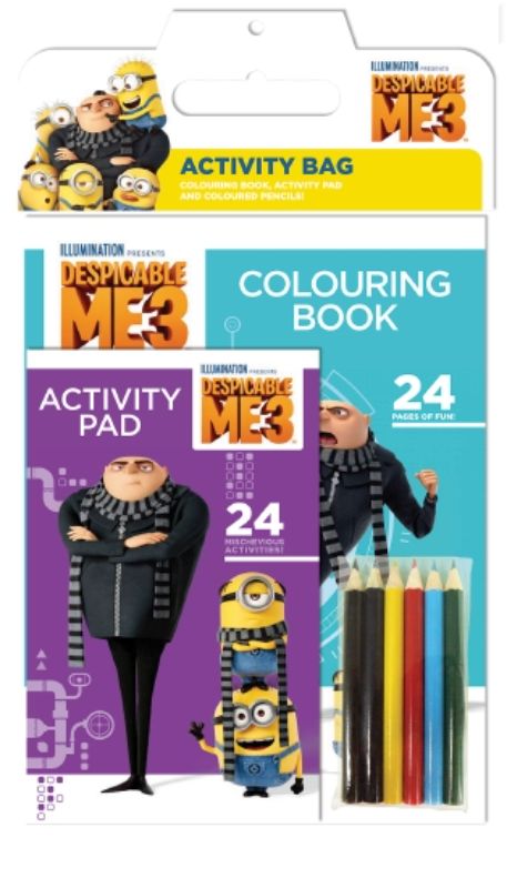 Despicable Me 3 activity bag featuring puzzles, mazes, and coloring fun with Gru and his minions, perfect for kids.