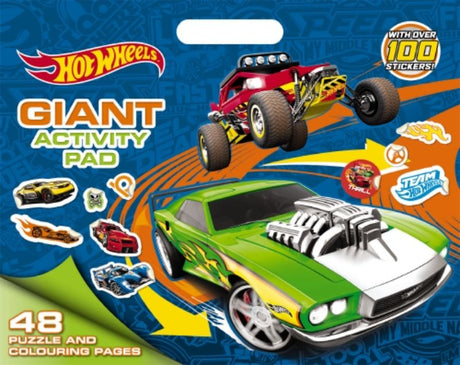 Hot Wheels Giant Activity Pad featuring 48 pages of coloring, mazes, and stickers for creative fun on the go.