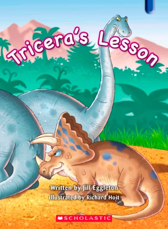 Tricera's Lesson book cover showcasing Tricera and Little Dinosaur, emphasizing friendship and life lessons for kids.