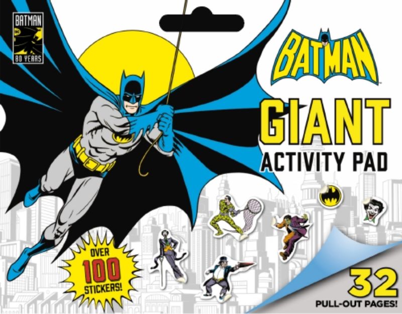 Giant Batman activity pad featuring vibrant illustrations, engaging puzzles, and a portable carry handle for creative fun on the go.