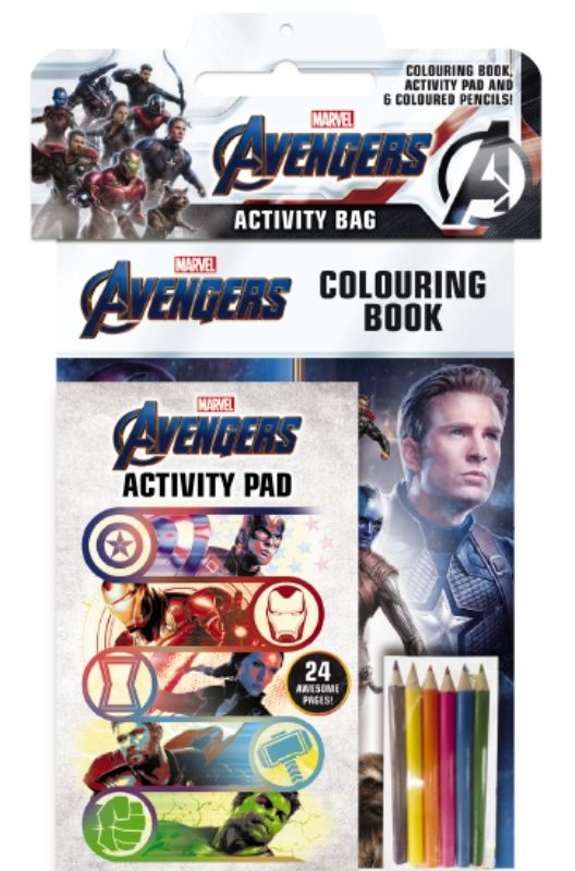 Avengers Activity Bag with coloring book, puzzle pad, and coloring pencils for young fans to unleash creativity.