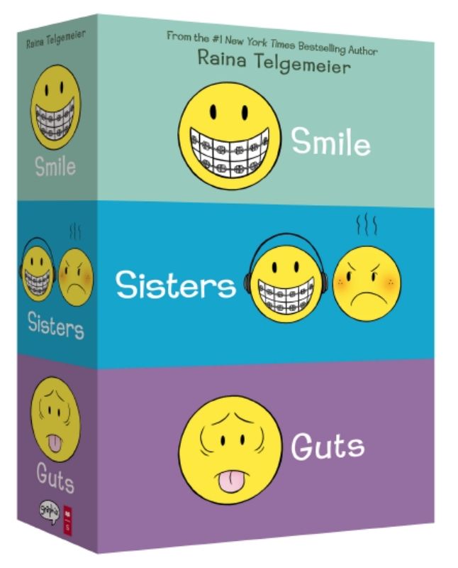 Riana Telgemeier 3 Book Boxed Set showcasing 'Smile', 'Sisters', and 'Guts', perfect for young readers and graphic novel fans.