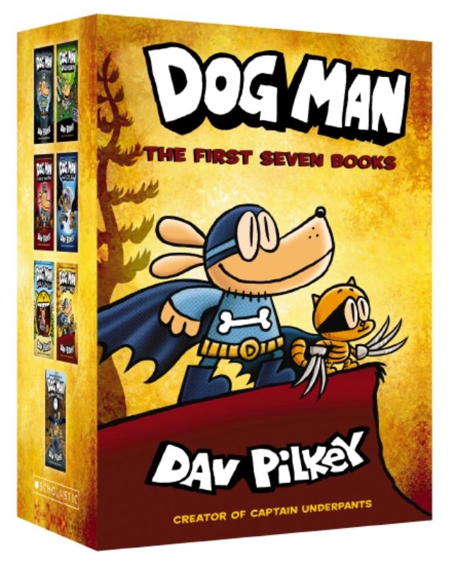 Dog Man 1-7 Boxed Set featuring seven graphic novels about a heroic canine's fun and adventurous crime-fighting escapades.