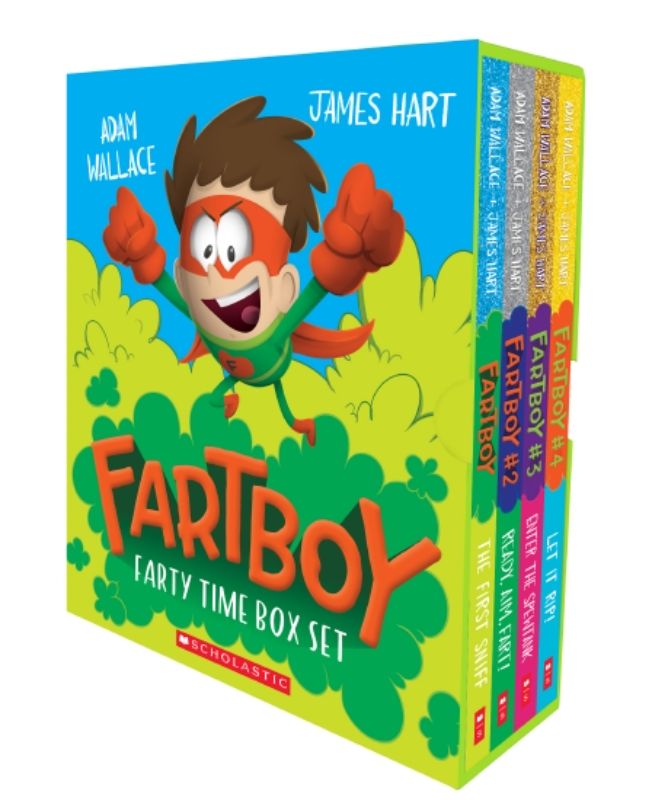 Fartboy Farty Time Box Set featuring 4 humorous books by Adam Wallace for kids, promoting laughter and reading fun.