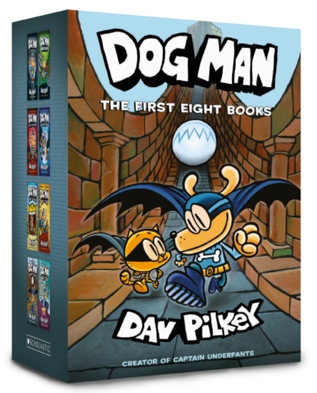 Boxed set of the first eight Dog Man graphic novels by Dav Pilkey, featuring action-packed adventures for young readers.