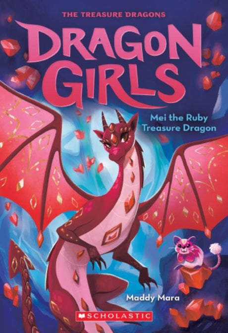 'Mei The Ruby Treasure Dragon' book cover featuring three dragon girls on a magical adventure in the enchanted forest.