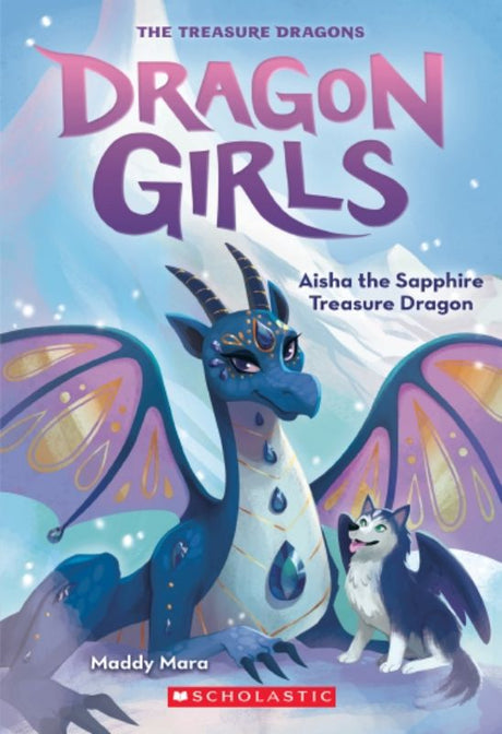 Aisha The Sapphire Treasure Dragon book cover featuring Aisha in dragon form, showcasing vibrant sapphire colors and magical elements.