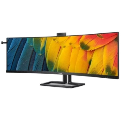 Philips 45B1U6900CH 45" curved LCD monitor with DQHD, built-in webcam, 32:9 aspect ratio, and versatile connectivity.