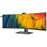 Philips 45B1U6900CH 45" curved LCD monitor with DQHD, built-in webcam, 32:9 aspect ratio, and versatile connectivity.