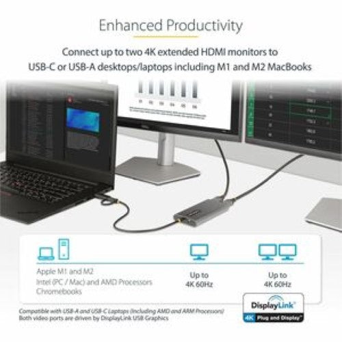 USB-C to Dual HDMI Adapter 4K 60Hz with Power Delivery - Dual Monitor Support for Laptops