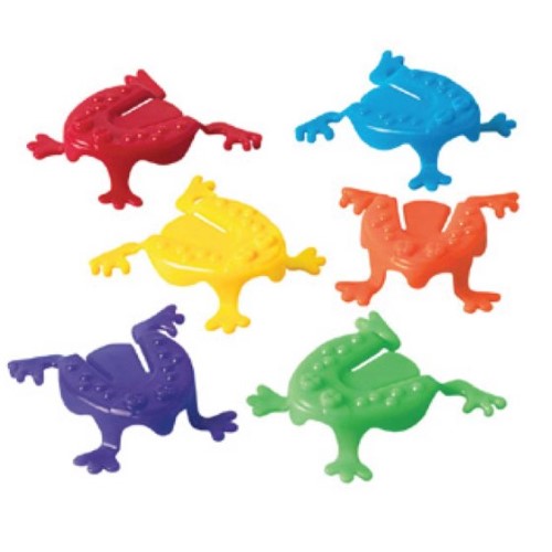 Set of 6 colorful jumping frog toys for playful fun and imaginative games.