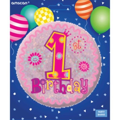 Colorful badge celebrating a girl's 1st birthday, perfect for parties and keepsake memories.