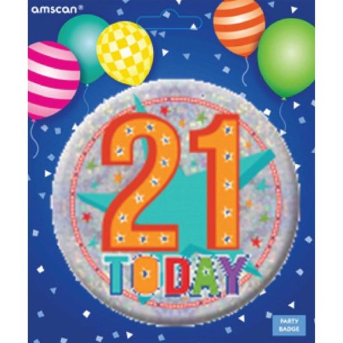 Vibrant Large Happy 21st Birthday Badge, perfect for celebrations and standout birthday accessories.