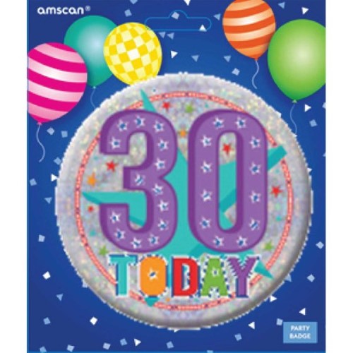 Large vibrant badge for 30th birthday celebration, featuring cheerful design and durable pin backing for visibility.