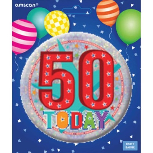 Large vibrant badge celebrating a 50th birthday, perfect for parties and special occasions.