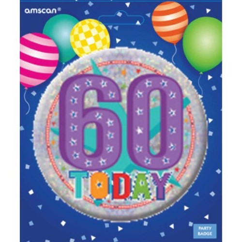 Vibrant large badge celebrating a milestone 60th birthday with cheerful design and bold lettering.