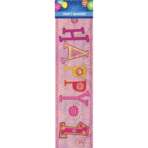 Vibrant 'Happy 1st Birthday Girl' banner, perfect for celebrating a girl's first birthday with charm and joy.