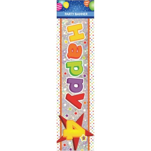Vibrant 'Happy 4th Birthday' banner in bold colors, perfect for celebrating a child's special day with cheerful décor.