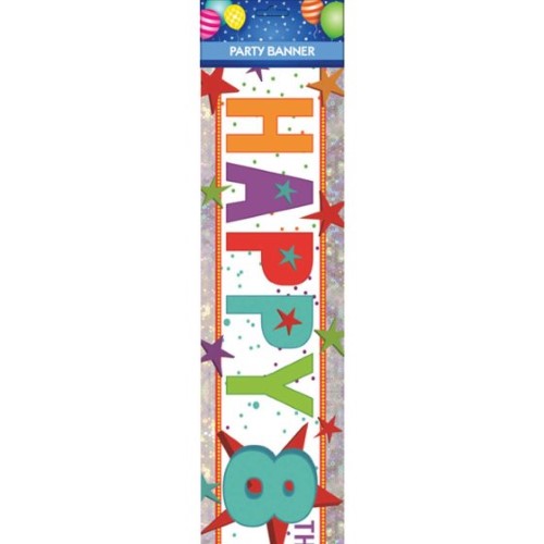 Vibrant 'Happy 8th Birthday' banner with colorful graphics, perfect for festive indoor or outdoor celebrations.
