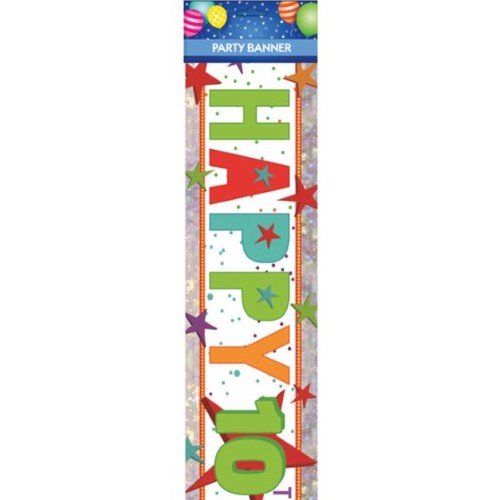 Vibrant Happy 10th Birthday banner, perfect for celebrating a decade of joy at parties and events.