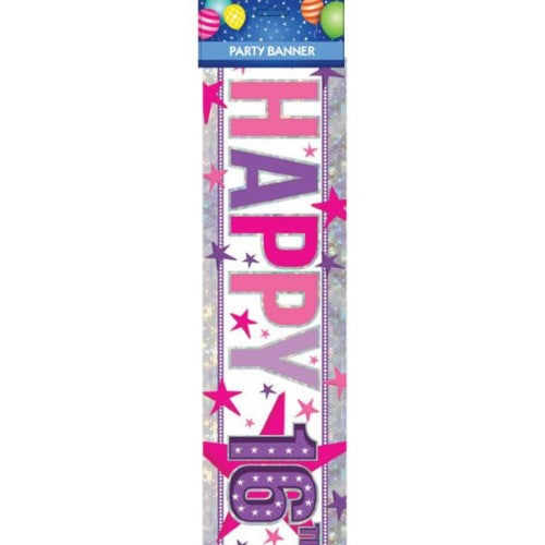 Vibrant 'Happy 16th Birthday' banner, perfect for decorating indoor and outdoor celebrations with bright colors and bold lettering.