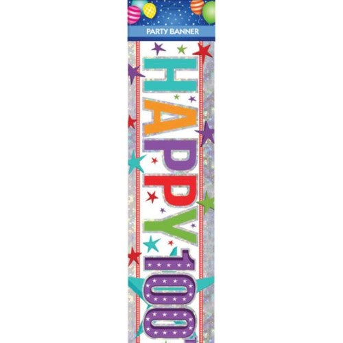 Vibrant banner celebrating a 100th birthday, featuring festive designs for joyful centennial celebrations.