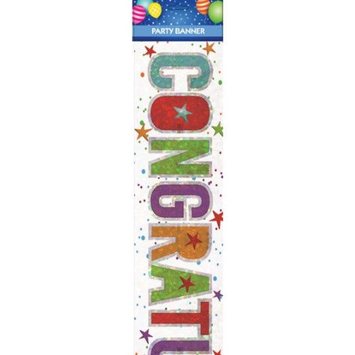 Vibrant Congratulations banner perfect for graduations and milestones, durable for indoor and outdoor celebrations.