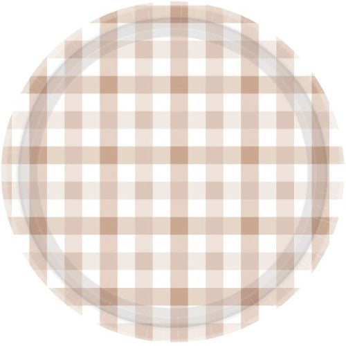 Set of 8 Gingham 17cm Paper Plates in White Sand, ideal for stylish serving at parties and picnics.