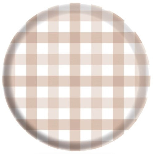Set of 4 white sand melamine plates with charming gingham pattern, ideal for indoor and outdoor dining.