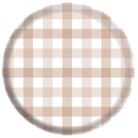 Set of 4 white sand melamine plates with charming gingham pattern, ideal for indoor and outdoor dining.