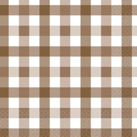 Teddy brown gingham lunch napkins, pack of 16, perfect for stylish dining and eco-friendly gatherings.