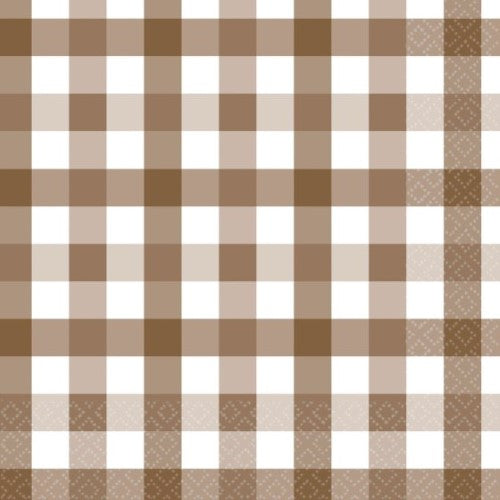 Teddy brown gingham lunch napkins, pack of 16, perfect for stylish dining and eco-friendly gatherings.