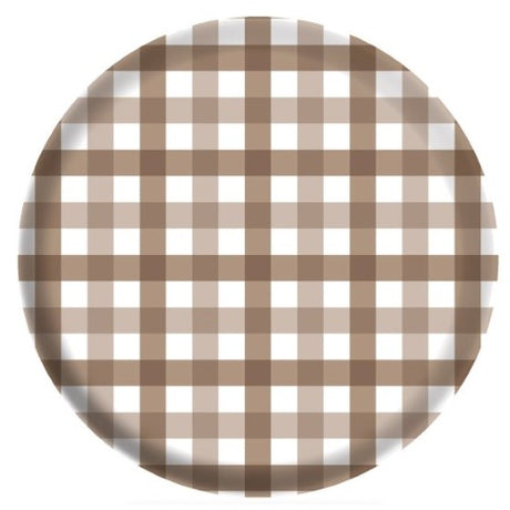 Set of 4 Teddy Brown Gingham Melamine Plates, stylish, durable, shatter-resistant, perfect for indoor and outdoor dining.