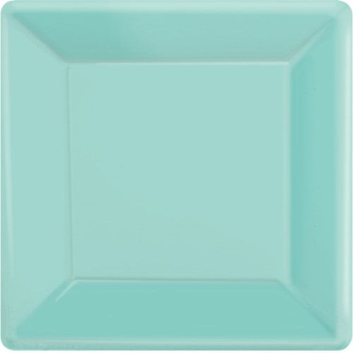 Pack of 20 stylish 23cm square paper plates in robin's egg blue, perfect for eco-friendly dining and celebrations.